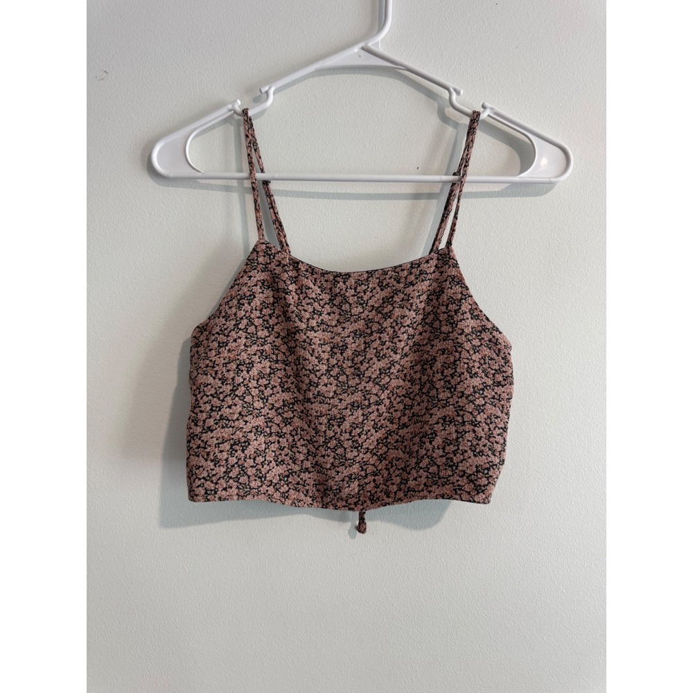 American Eagle Floral Cami Crop Top Women XS Pink Black Tie Back Spaghetti Strap